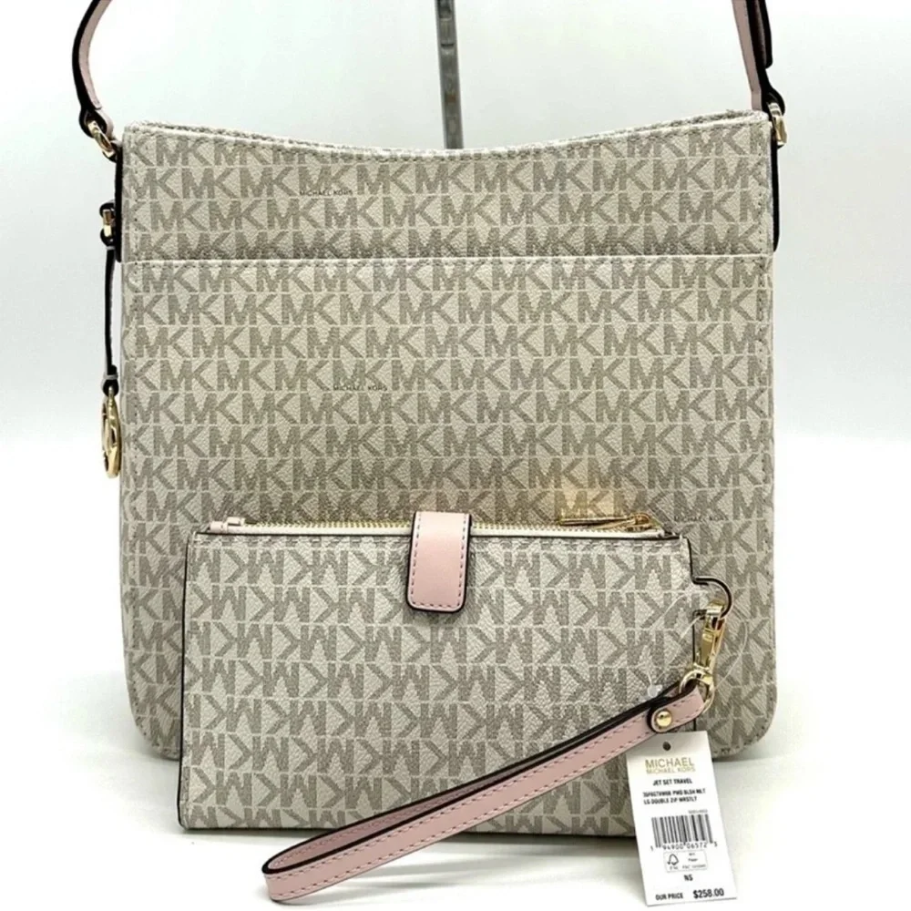 Michael Kors Large Messenger Bag & Large Double Zip Wallet Vanilla/Powder Blush